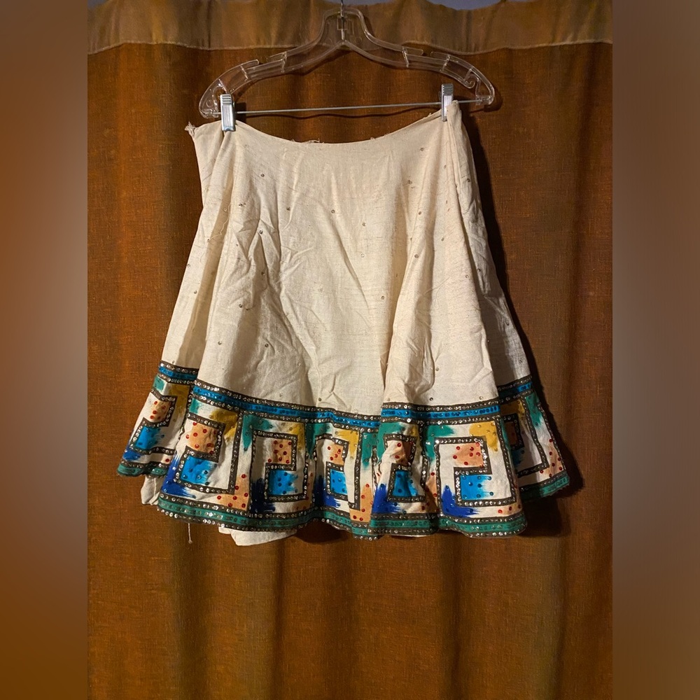 50s cream cotton circle skirt with hand screened hem and sequin accents
